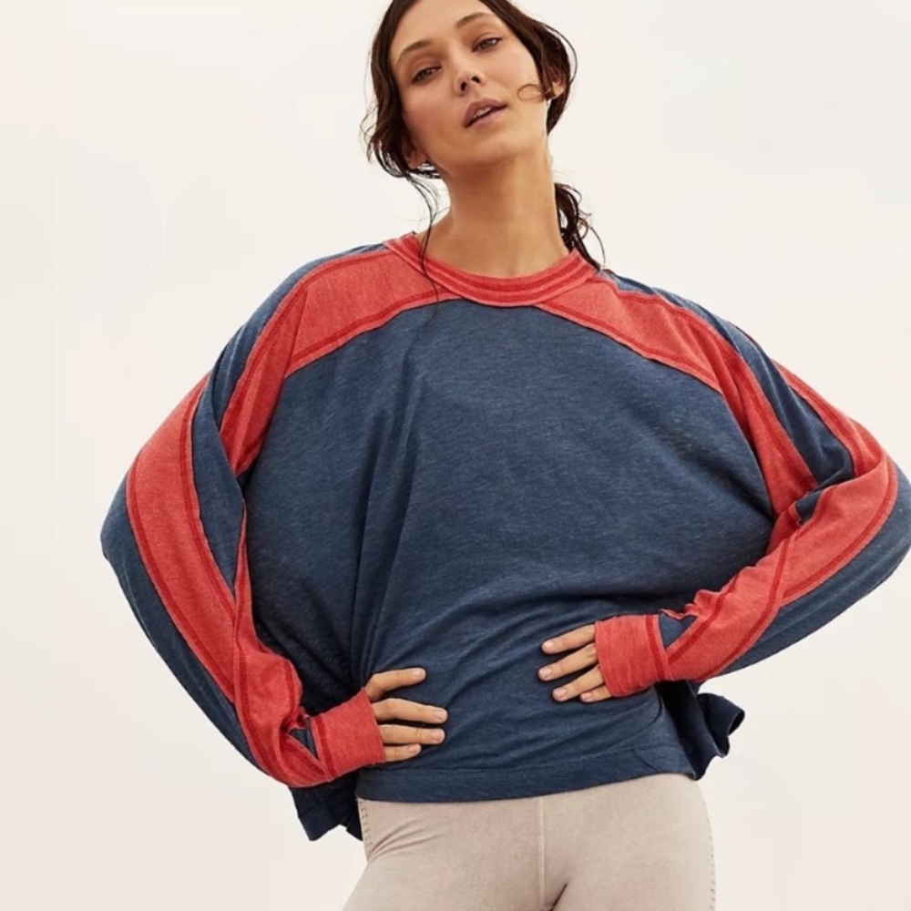Free People Blue and Red Long Sleeve Tee